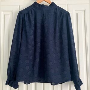 Ann‎ Taylor XLPetite Navy Heart Print Ruffle Neck Key Hole L/S Blouse NWT